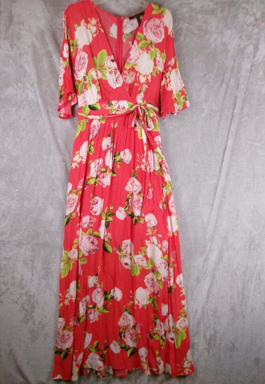 BCBGMAXAZRIA Coral Roses Floral Maxi Dress Size L